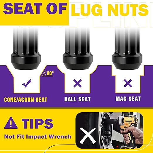 M14x1.5 Spike Lug Nuts, Set of 24 Black Spline Spiked Lug Nut with Key for Chevy Silverado 1500 GMC Sierra Yukon Tahoe Dodge Ram Ford F150, 14x1.5 Acorn Solid Metal Truck Lug Nut Wheel Accessories