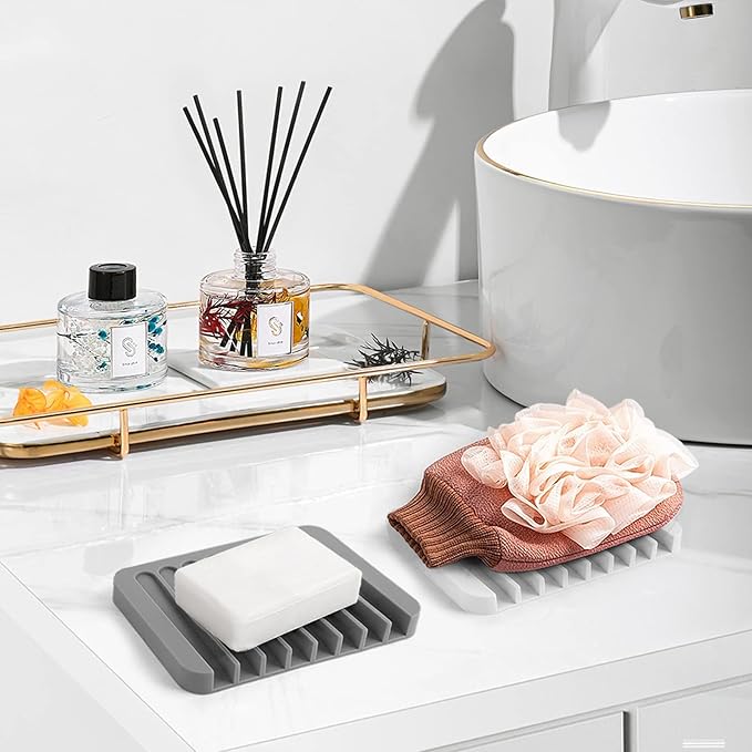 2PCS KAJUDA Self Draining Soap Dishes, Premium Silicone Soap Holder Saver for Shower, Bathroom, Bath Tub, Razor, Sponges, Bar Soap Dish to Keep Soap Dry, Can Extend Soap Life, Easy Clean (White)