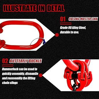Chain Sling 516'' x 5 Ft Double Leg with Grab Hooks Chain Slings for Lifting 3 Ton Capacity G80 Mn-Steel Chain Sling with Standard Marking for Cargo Security Towing and handling