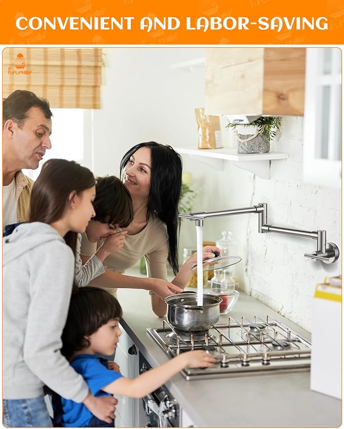 Pot Filler, Pot Filler Faucet Wall Mount, Metal Folding Stretchable with Double Joint Swing Arm Single Hole Two Handles Kitchen Restaurant (Brushed Nickel)