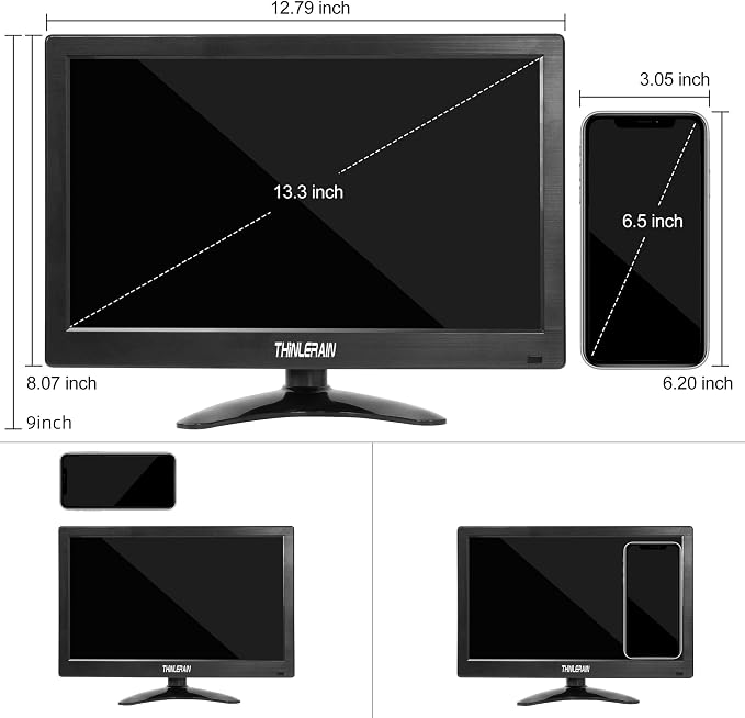 13.3 inch Small PC Monitor 1366x768 Mini LED Monitor with HDMI VGA AV BNC USB Intput, for Fire Stick Computer Xbox Ras pi, Built-in Speaker (Model: HD-133)