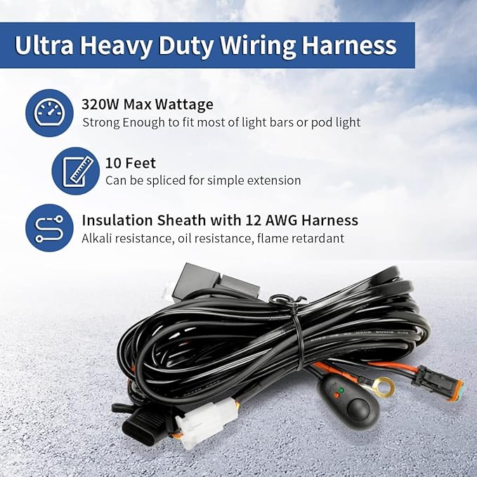 LASFIT 10ft Wiring Harness Kit Led Light Bar 12AWG Heavy Duty 12V On Off Switch Power Relay Blade Fuse for Led Light Bar Pods