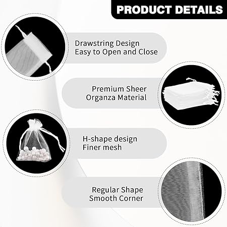 Organza Bags, White Organza Bags, 50Pcs, Sheer Organza Bags 3 x 4 inch, Jewelry Gift Bags, Party Favor Bags with Drawstring, Mesh Gift Pouches Mini Candy Bags for Wedding Christmas Party