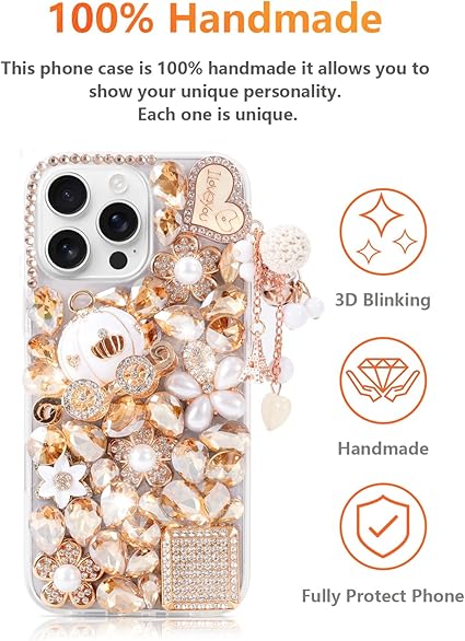 for iPhone 15 Pro Max Bling Glitter Case, Luxury Shiny Diamond Crystal Rhinestone Champagne Pumpkin Car Handmade Clear Protective Case Cover for iPhone 15 Pro Max