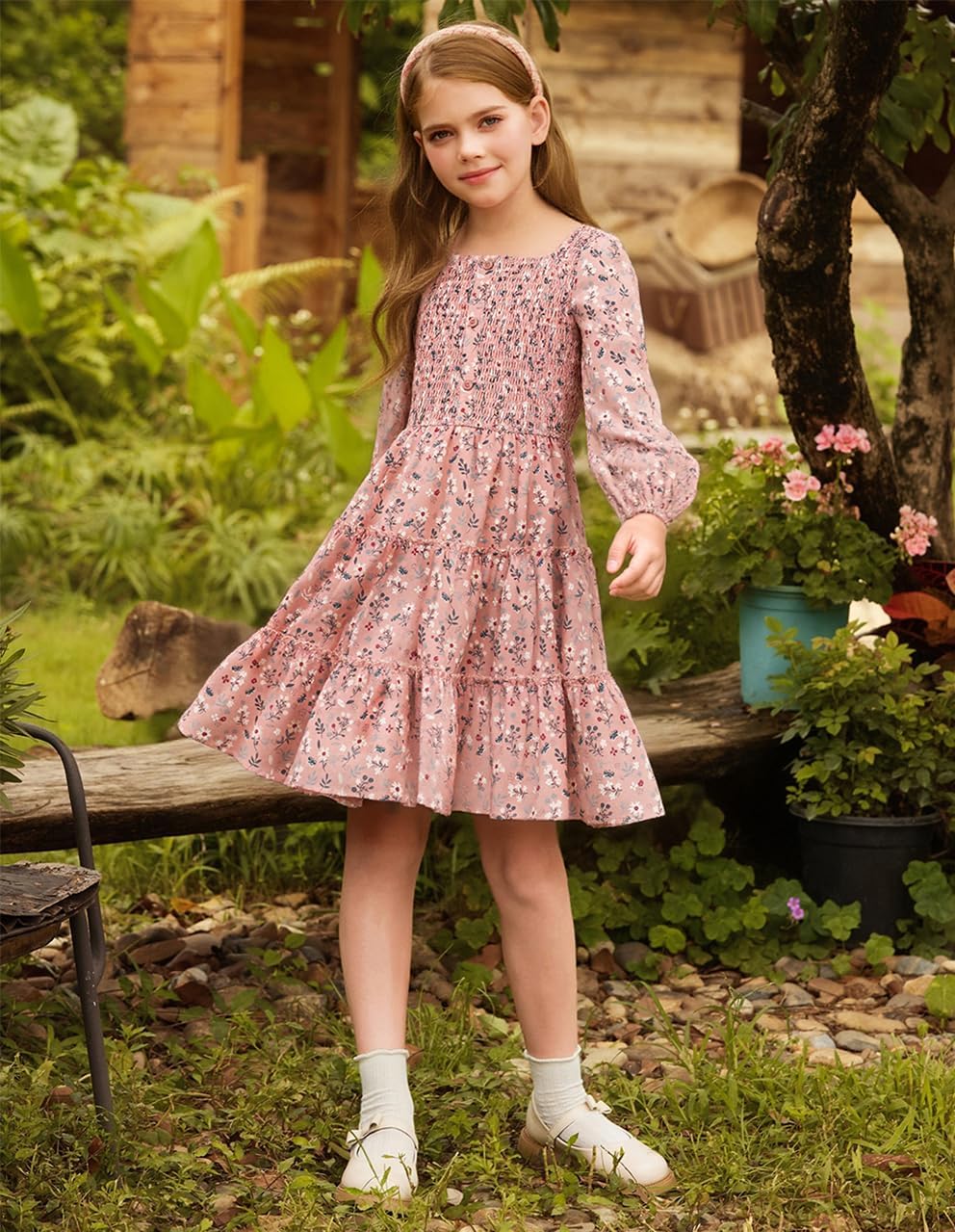GRACE KARIN Girls Fall Long Sleeve Floral Christmas Teen Dress Size 6-14 | Suitable for Thanksgiving Casual Winter Holiday Party Flower School,Smocked,Midi,Fancy,Buttons,Ruffles,Tiered,Tween,Kids.