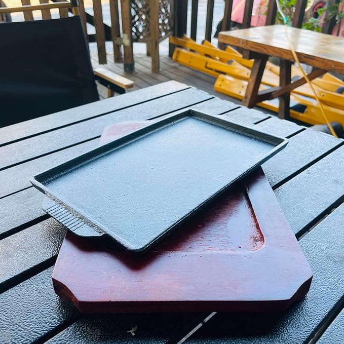 Cast Iron Steak Plate, Grill Pans, Sizzle Griddle with Wooden Base, Steak Pan, Griddle Grill Pan with handles (Plate with Base 6.7" x 4.4")