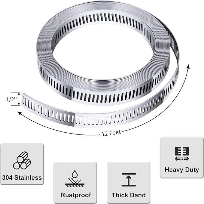 304 Stainless Steel Hose Clamp Assortment Kit DIY, Cut-To-Fit 12 FT Metal Strap8 Stronger Fasteners,Large Adjustable Worm Gear Band Hose Clamps Screw Clamps Duct Pipe Metal Clamp Strapping