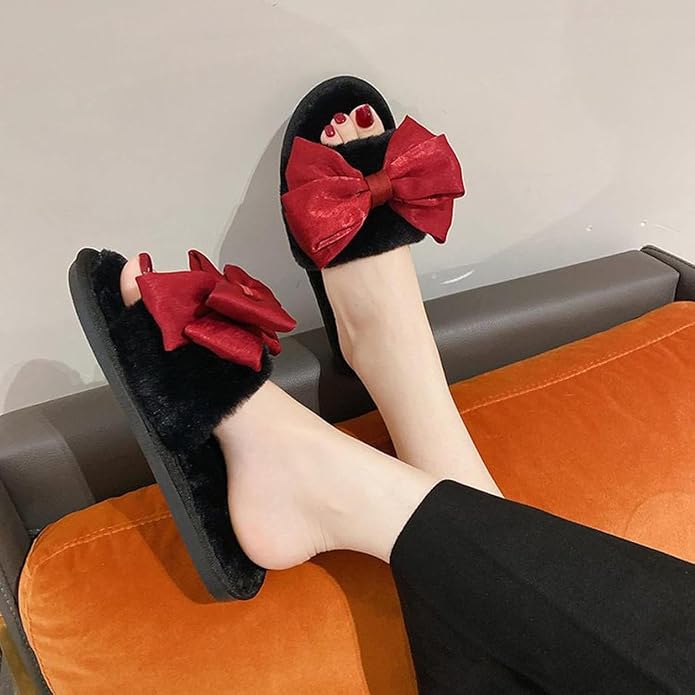 Women's Fuzzy Slippers Butterfly Dewy Toe Indoor Slippers Plush Girl Cute Bedroom Home Shoes and Comfortable