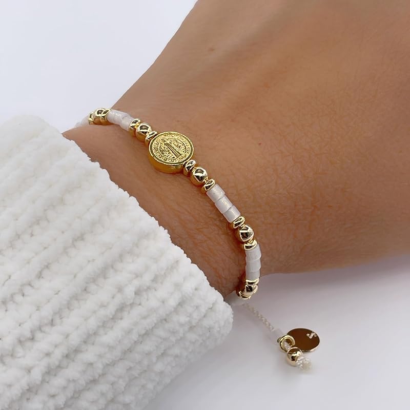St Benedict Coin Bead Round with Miyuki seed beads and Gold Plated spacers Adjustable Bracelet for Women (White)