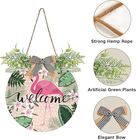 xigua Tropical Pink Flamingo Welcome Sign Front Door Decor, Outdoor Hanging Porch Wreath Interchangeable Seasonal Icons for Farmhouse Wall Home Holida