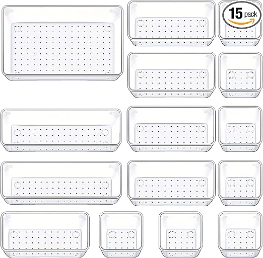 Drawer Organizers Set of 15, 4 Sizes Clear Plastic Drawer Organizers and Storage Bins for Kitchen, Bathroom, Office, Dresser Desk Drawer Organizer Tray for Jewelry, Makeup, Junk, Gadgets
