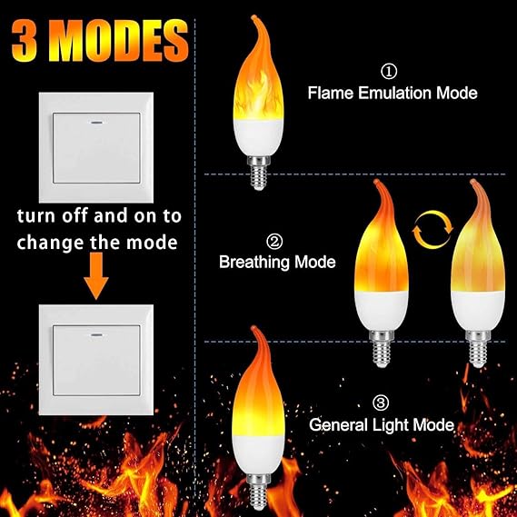 E12 Flame Bulbs 2 Packs, 3 Mode LED Candelabra 2.0 Watt Warm White Chandelier 1800k Candle Light Bulbs, Flame Tip for Christmas Party Decorations