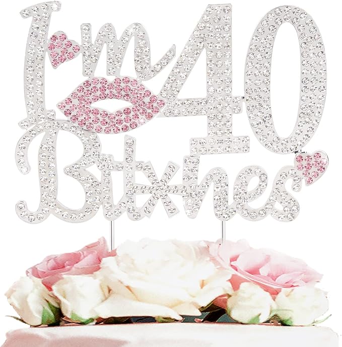 I'm 40th Funny Birthday Pink Rhinestone Cake Topper - Happy 40th Birthday Cheers to 40 Years Old Forty Bday Party Metal Sparkly Food Centerpieces Topper Decorations Sign.