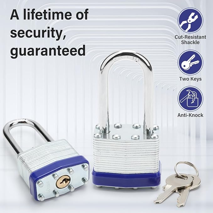 Lock Outdoor Padlocks, Laminated keyed Padlock, 1-9/16 in Wide Body, Padlock Set with Keys, Long Shackle (2Pack)