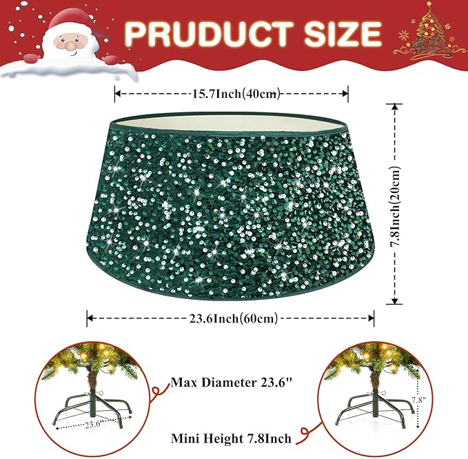 Sequin Christmas Tree Collar Glitter Tree Skirt Emerald Green Velvet Fabric Xmas Tree Base Stand Cover Christmas Tree Ring Holiday Trunk Skirt Cover Christmas Tree Skirts for Home Decor 23.6 Inch