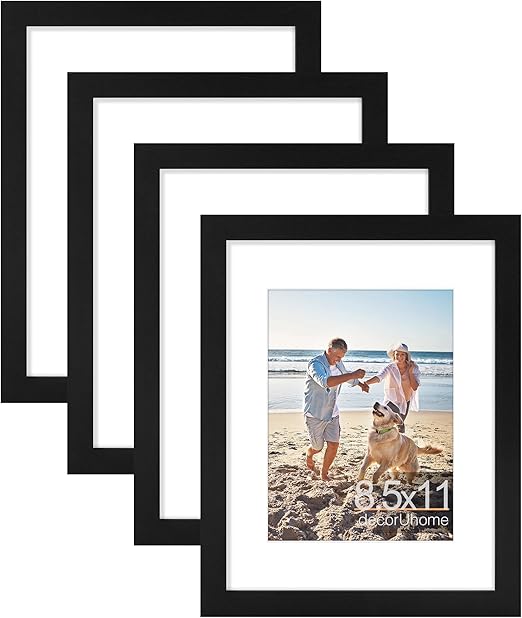 decorUhome 8.5x11 Picture Frame, Display Pictures 6x8 with Mat or 8.5x11 without Mat, Black Engineered Wood Photo Frame with Plexiglass for Wall & Tabletop Display, Picture Frames 8.5x11 Set of 4