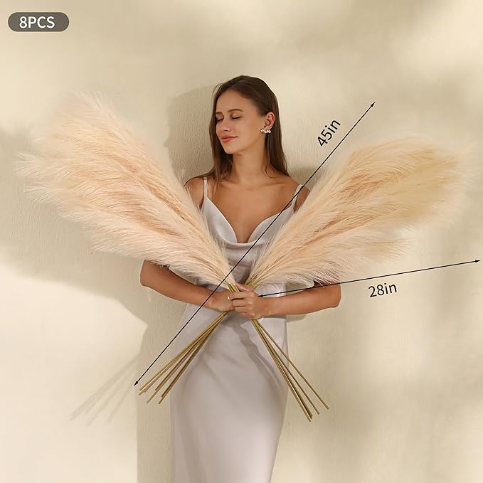 Champagne Faux Pampas Grass - 45-Inch Set of 8 | Boho Home Decor | Tall Artificial Pompas Floral Soft and Fluffy | Perfect for Wedding Centerpieces, Farmhouse and Baby Shower Decorations