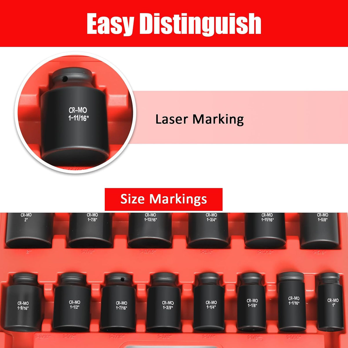 3/4 Inch Drive Deep Impact Socket Set,6-Point,SAE Sizes(1У-2Ф),14 PCS,Cr-Mo Steel,Heavy Duty Impact Sockets for Automotive & Industrial Machinery,With a Storage Case (1-3/4" and 1-1/4" sockets missing)