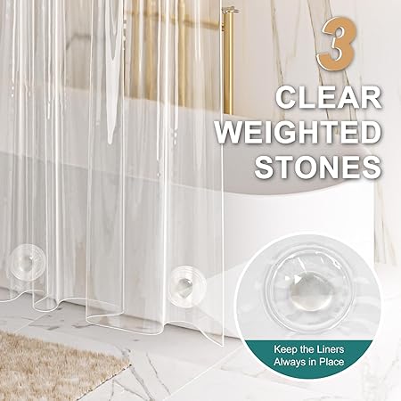 AmazerBath Heavy Duty Shower Curtain Liner 12 Gauge, 72 x 78 Inches Clear Shower Curtain Liner with 3 Clear Stones and 12 Grommet Holes, Weighted Plastic Shower Curtain Liner