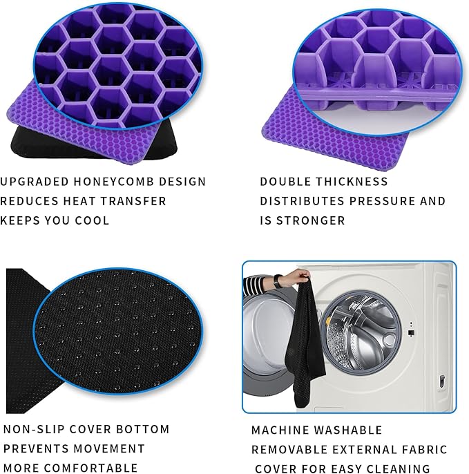 Ergonomic Gel Seat Cushion for Long Sitting, Tailbone and Coccyx Pain Relief, Office Chair Comfort, Wheelchair Pad, Chair Cushion for Back Support, Comfort Wheelchair Seat Cushions (Light Purple)