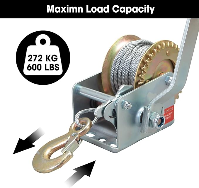 ROAD DAWG ATRT1061CD-1 Torin Hand Crank Boat Winch with 26.3ft Cable, 600lbs Capacity
