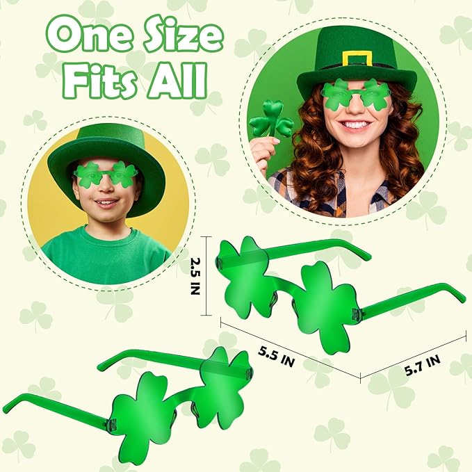 St Patricks Day Green Shamrock Glasses 6 PCS, Irish Four Leaf Clover Universal Fit Sunglasses Party Favor Supplies Accessories, Saint Patricks Gifts Decorations Photo Props for Parade Outfits Costume