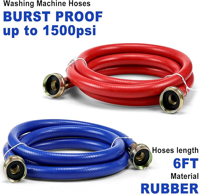 2 PACK Rubber 6FT Washing Machine Hoses Burst Proof Red and Blue Coded Washer Hoses for Hot and Cold Water 34" Connection Water Supply Lines by Fetechmate