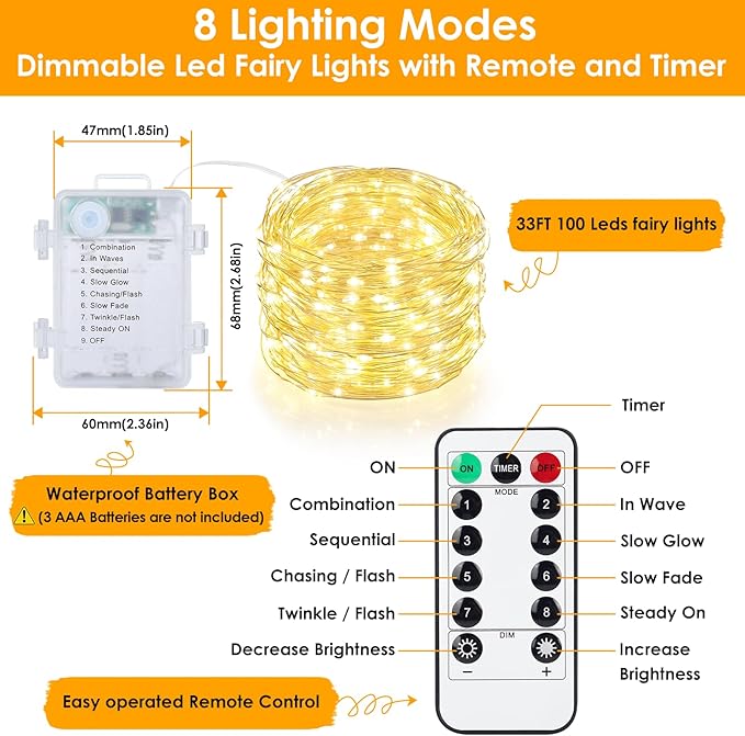 Mlambert 3 Pack 33FT Fairy Lights Battery Operated with Remote and Timer, Waterproof Dimmable 8 Modes 100 LEDs Twinkle Lights for Indoor Outdoor Decor