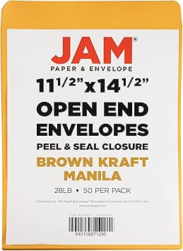 JAM PAPER 11 12 x 14 12 Open End Catalog Commercial Envelopes with Peel and Seal Closure - Brown Kraft Manila - 50Pack