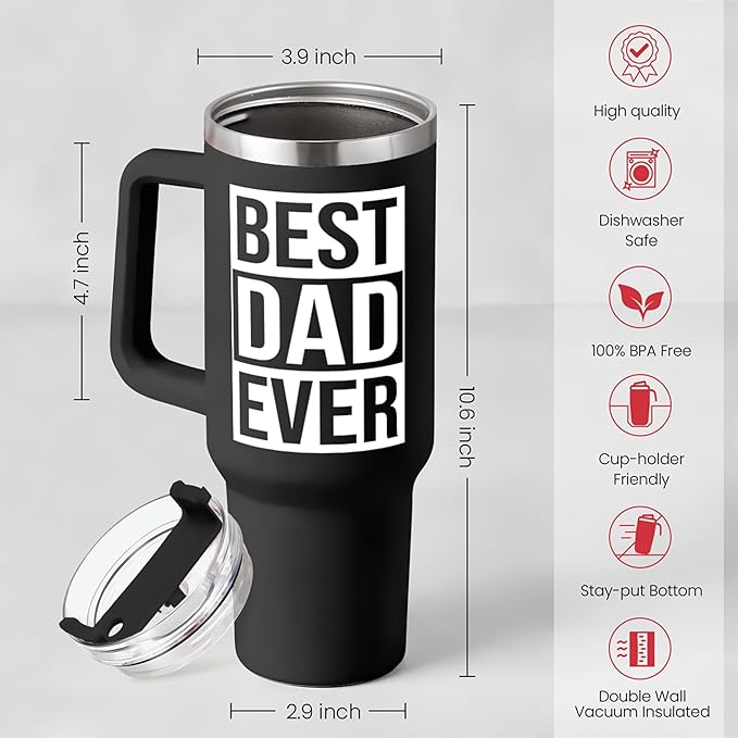 SANDJEST Dad Gifts for Dad from Daughter Son Best Dad Ever Tumbler with Handle 40oz Stainless Steel Insulated - Coffee Tumbler for Dad Father's Day Birthday Christmas Cup Gift Set with Lid Straw