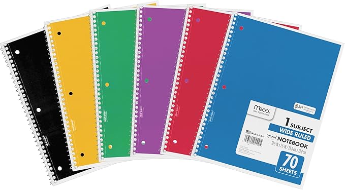 Mead Spiral Notebook, 1 Subject, Wide Ruled Paper, 70 Sheets, 10-12" x 7-12", Assorted Color (05510)