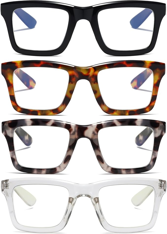 4 Pack Oprah Style Reading Glasses for Women Men Blue Light Blocking Computer Square Metal Spring Readers