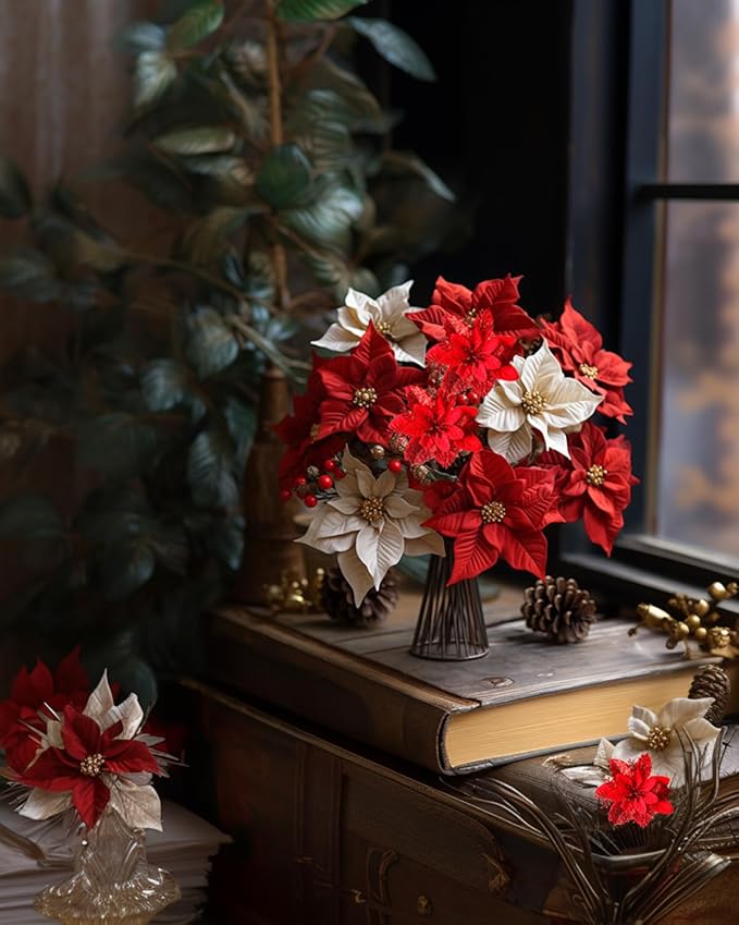 Artificial Poinsettias Christmas Flowers, 12 Pcs Fake Christmas Flowers with Clips and Stems for Wreath Garland, Wedding, Holiday Christmas Tree Ornaments Decor