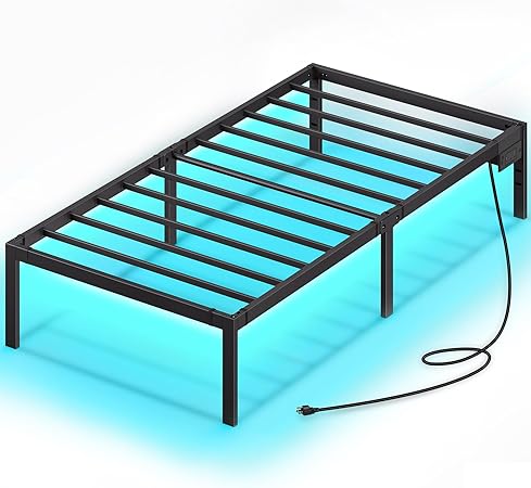 Rolanstar Bed Frame with USB Charging Station, Twin Bed Frame with LED Lights, Platform Bed Frame with Heavy Duty Steel Slats, 14" Storage Space Beneath Bed