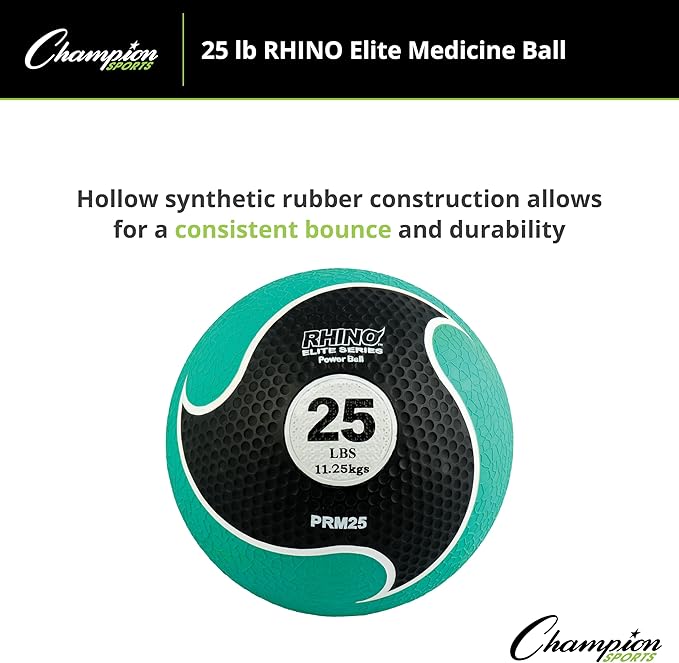 Champion Sports Rhino Elite Medicine Ball – Textured Surface, Superior Grip, Hollow Synthetic Rubber for Consistent Bounce & Durability, Multiple Weights & Colors - Optional Rebounder Sold Separately