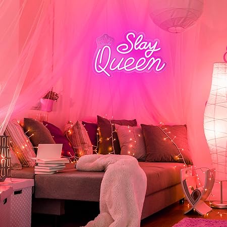 Slay Queen Neon Sign for Wall Decor, Adjustable LED Light Up Signs USB Powered Pink White Neon Sign for Girl Women Birthday Valentines Christmas Bedroom Dorm Wall Art Decor