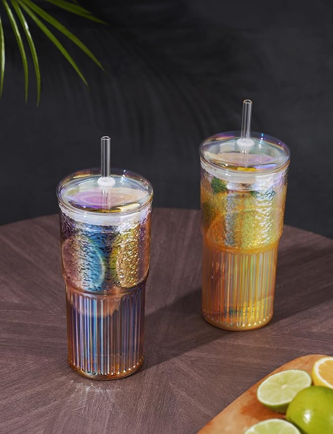 NiHome Iridescent Borosilicate Glass Tumbler Cup with Glass Lid & Straw 22oz/650ml 2-Pack, Leak-Proof Silicone Seal for Flavor Preservation, Hygienic & Dishwasher Safe, 2PCS Straw Brushes Included