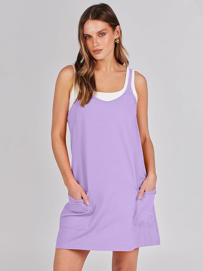Caracilia Womens Summer Mini Dress 2025 Casual Sleeveless Built in Shapewear Sundress Trendy Short Tennis Athletic Outfits