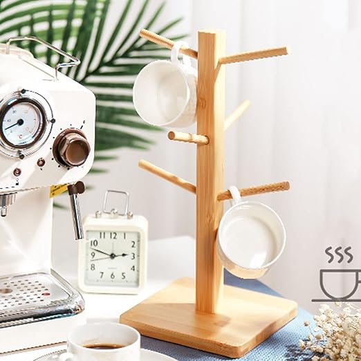 LIU- Bamboo Mug Holder Tree with 6 Hooks,Square Base,Countertop Coffee Mug Stand Teacup Organizer,for Kitchen Counter Bar Accessories