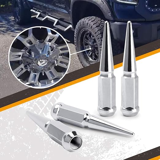 14 mm x 1.5 Wheel Spike Lug Nuts, 4 x Silver M14x1.5 Lug Nut, ConeConical Bulge Seat, Dynofit Silver Closed End Nuts for Che-vy Silverado Aftermarket Wheel