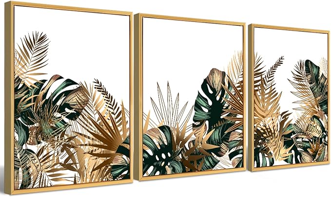 Loomarte Framed Plant Wall Art Simple Tropical Green Leaves Wall Decor Boho Palm Botanical Prints Minimalist Pictures Home Decorations for Living Room Bedroom Bathroom 12x16 Inches Golden Frame,3 PC
