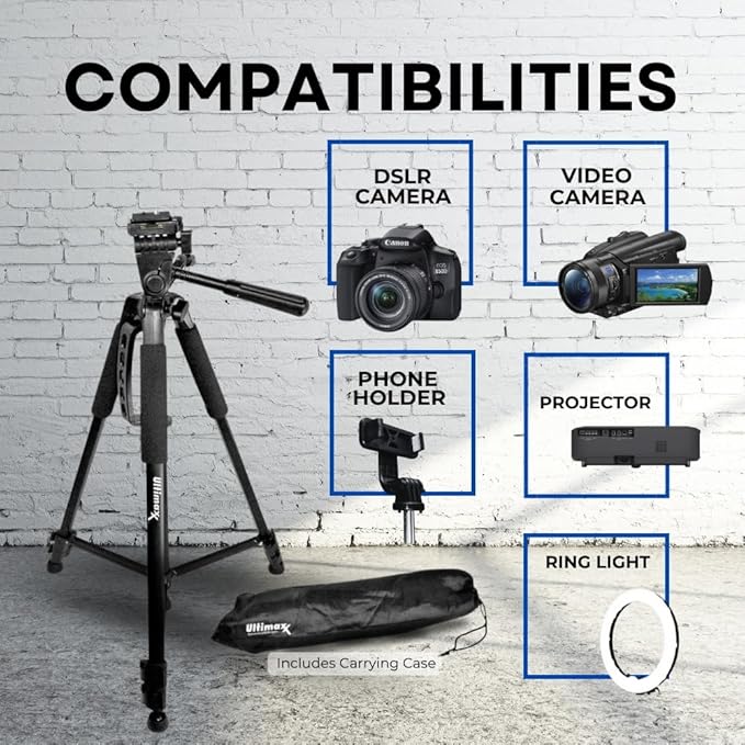 Ultimaxx Professional 60-inch Aluminum Alloy Tripod with Carrying Case Compatible with Canon, Nikon, Sony, Samsung, Olympus, Panasonic and Pentax DSLR Cameras Camcorder