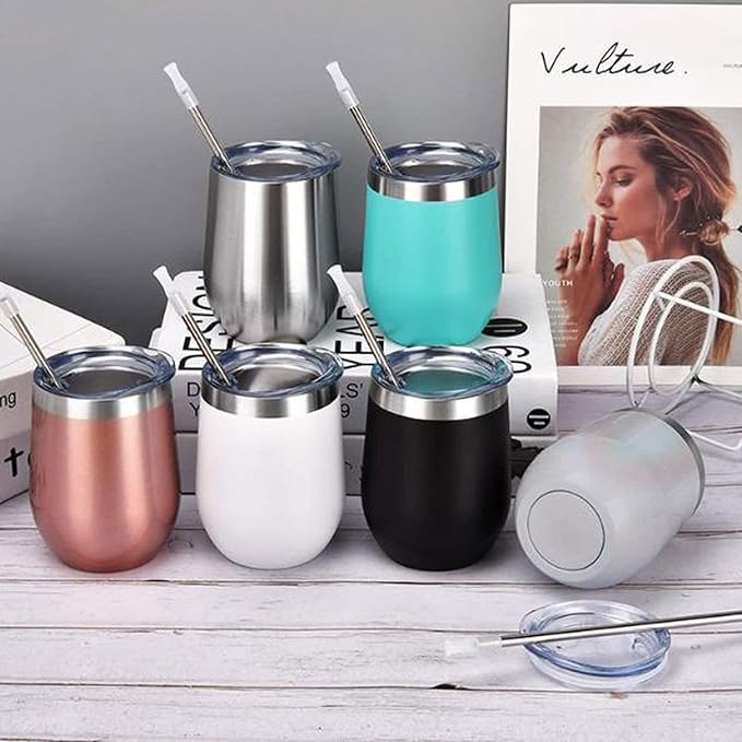 Leak-Proof Insulated Coffee mug 12oz Wine Tumblers , Stainless Steel Stemless Wine Glass with Lids and Straws, Double Wall Vacuum Insulated Tumbler Cup, Coffee Mug for Cold Hot Drinks Iced Tea Coffee