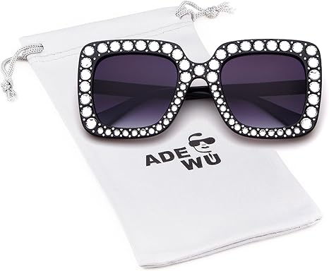 ADE WU Oversize Square Rhinestone Sunglasses Retro Thick Square Frame Sun Glasses
