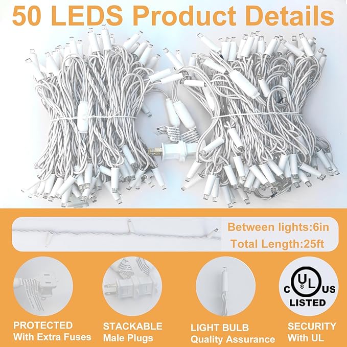 Christmas Lights 50 Count, 25 ft Christmas Lights Outdoor Indoor, Commercial Grade, Heavy Duty White Wire, Warm White Light, 6 inches Spacing