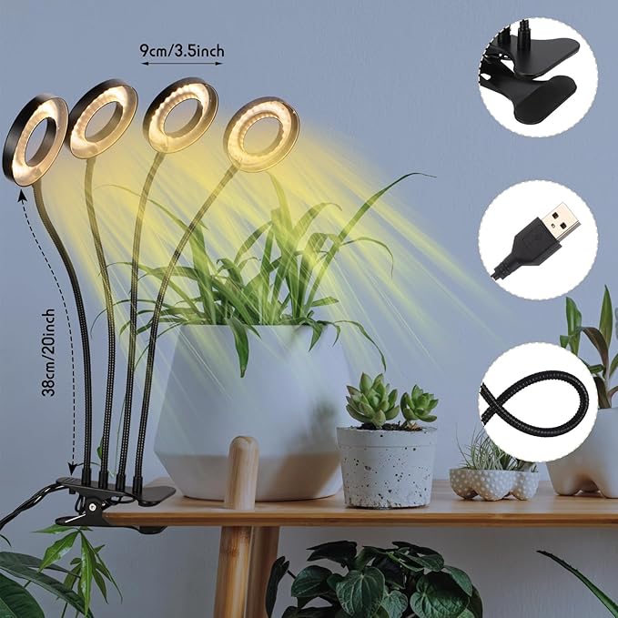 2 Pack Clip-on LED Grow Light Indoor 4 Heads With 3.5'' Ring Lamp, 192 LEDs, Adjustable Growing Lamp, 3912h Timer, 10 Dimmable Levels for Various Plants