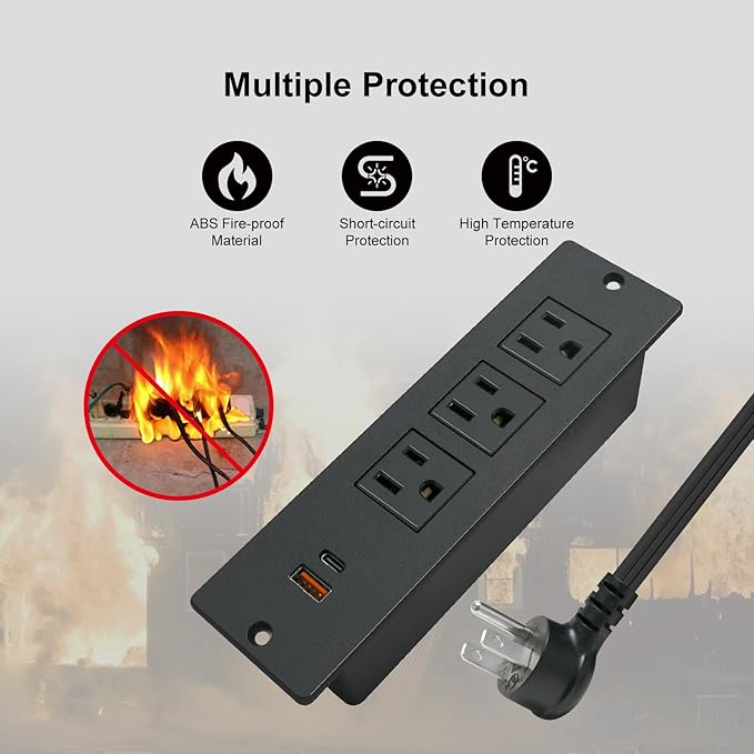 USB C Conference Recessed Power Strip 20W, 3 Outlets 2 USB Fast Charge(PD 20WQC 18W) Mountable Flat Plug 10ft Extension Power Cord for Nightstand Cabinet Sofa Table Couch