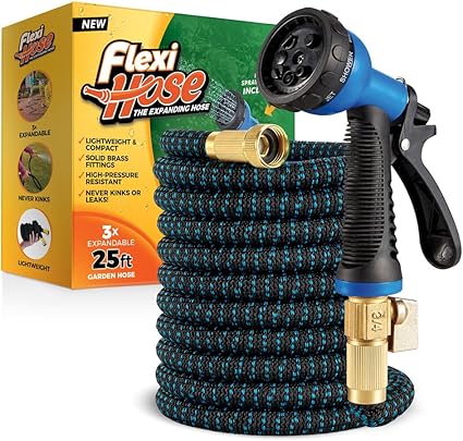 Flexi Hose with 8 Function Nozzle Expandable Garden Hose, Lightweight No-Kink Flexible Garden Hose, 34 inch Solid Brass Fittings and Double Latex Core, 25 ft Blue Black