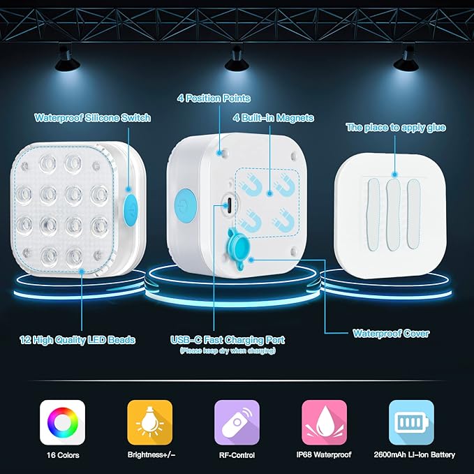 Rechargeable Submersible Pool Lights with Remote, Waterproof Underwater Charging Battery Operated Controlled 16 Color Changing LED with Magnet Floating Lights Pool Pond Decoration (pack of 4)