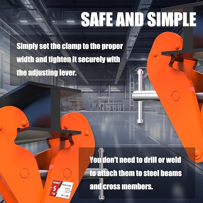 Orange Vertical Beam Clamp - 5 Ton (11000lbs) Capacity, 3.15-12.6Inch Opening Range, Heavy Duty Steel Clamp Tool